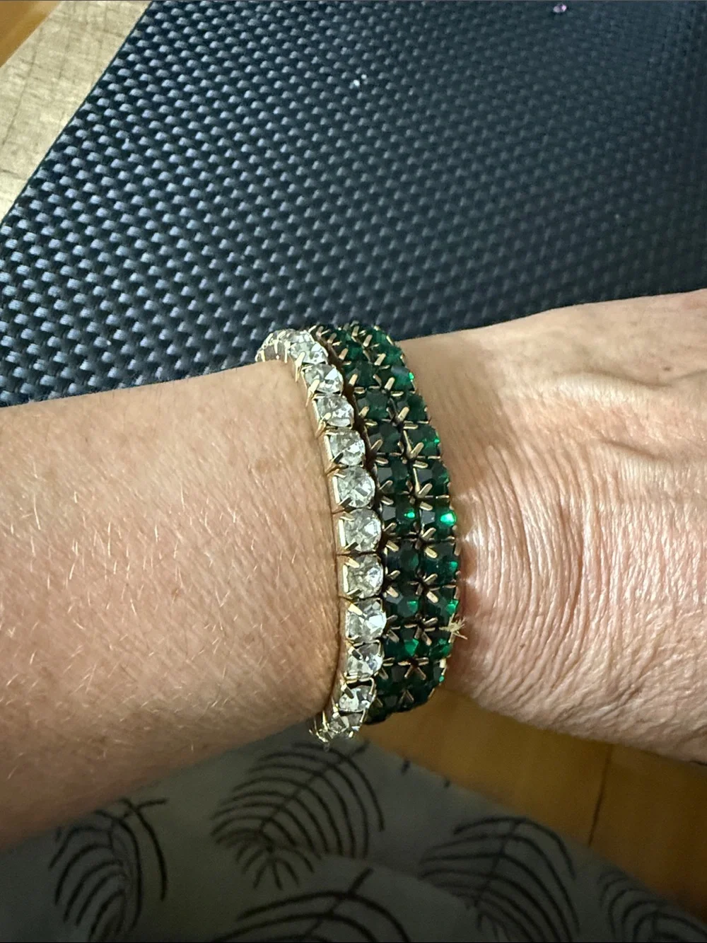 Green Crystal Tennis Bracelet Set with Clear Rhinestones